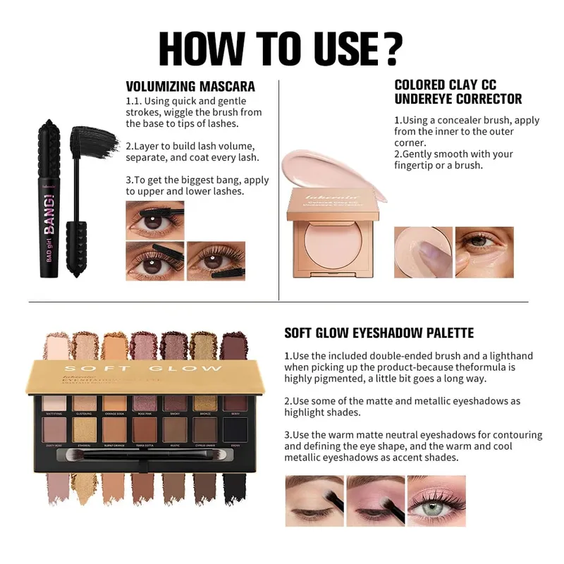 3 قطعة/المجموعة CC التغطية الكاملة Undereye اللون مصحح توهج عينيه لوحات تكثيف الماسكارا دائم الجمال عيون ماكياج كيت — image 7