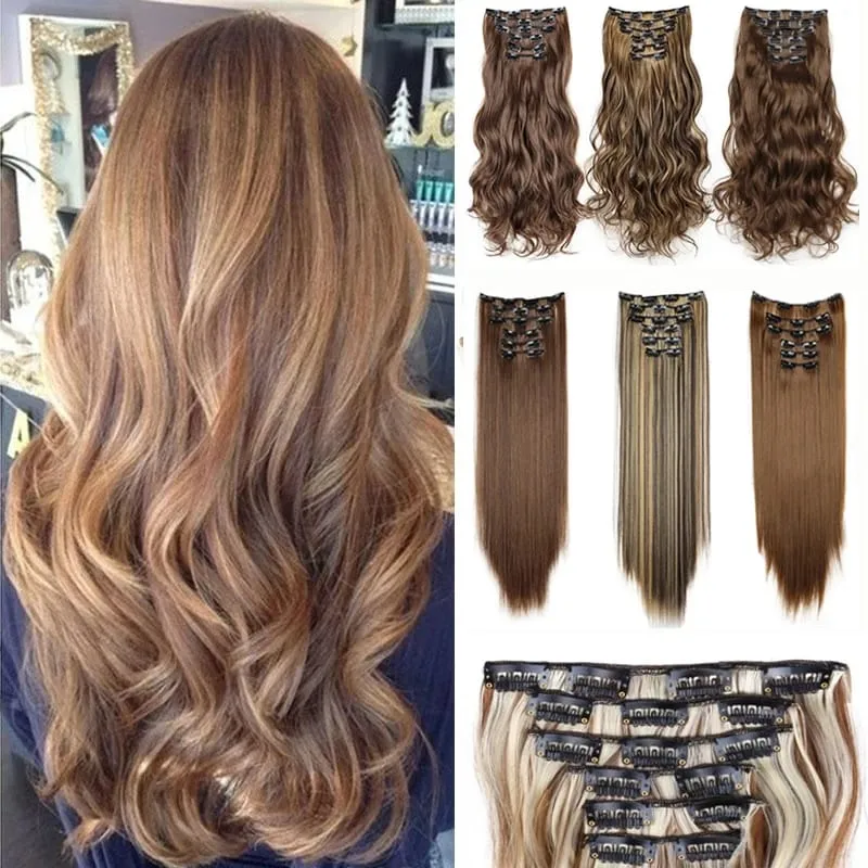 6Pcs/Set 16 Clips Hair Extension Black Long Straight Natural Hair Ombre Hairpiece Heat Resistant Fiber For Women Hairstyle Kpop