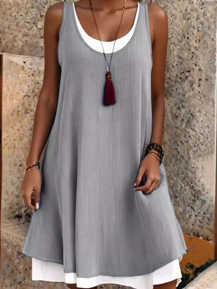 Summmer Women's Solid Dress Casual Sleeveless Fake Two Piece Loose Dresses Female O Neck Office Holiday Beach Party Dress New — image 2