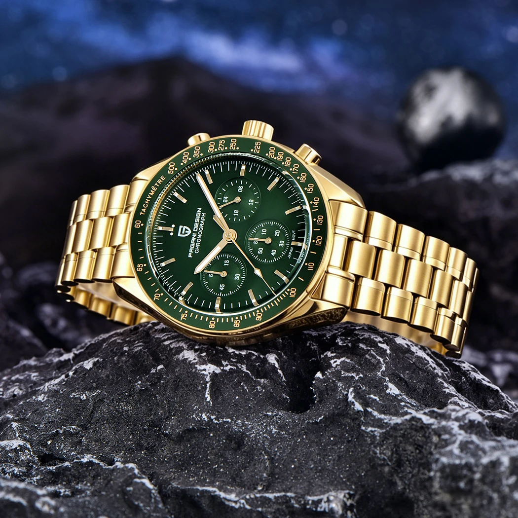 New Classic Men Watch PAGANI DESIGN Golden Green Luxury Quartz Watch For Men Automatic Date Speed Sport Chronograph AR Sapphire Crystal Wristwatch Men Local Shipping — image 5