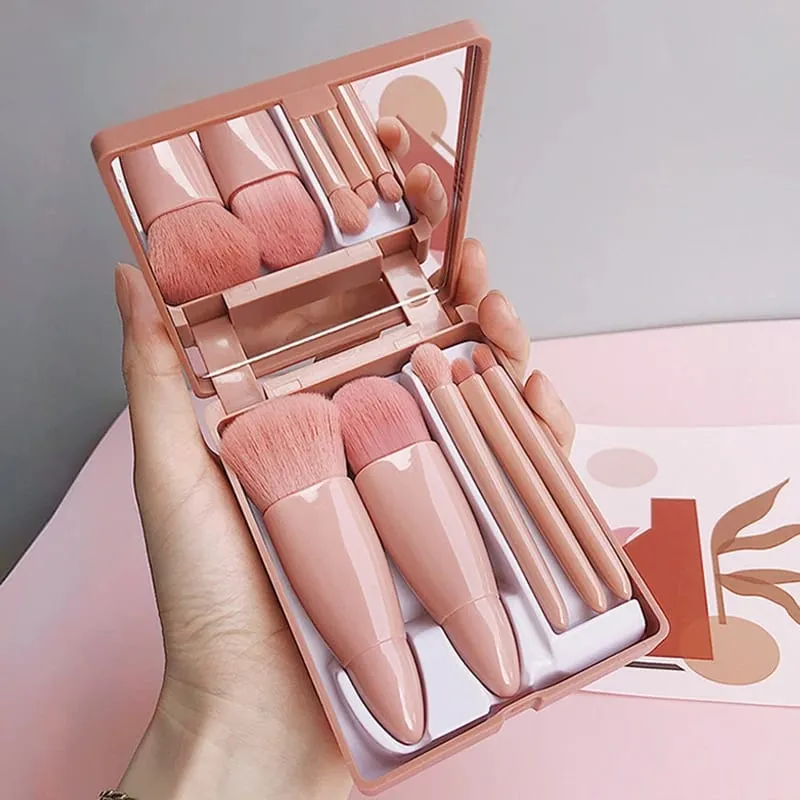 【B】5Pcs Makeup Brushes Set Mini Makeup Brushes Small Complete Function Cosmetic Brushes Kit With Case And Mirror — image 1