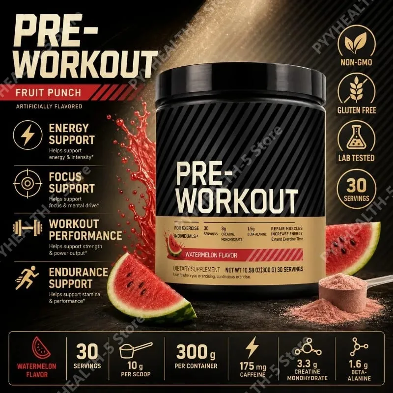 Pre Workout Pulver med Kreatin Beta Alanine L Citrulline Tyrosine Koffein Energi Udholdenhed Fokus Support 300 g 30 portioner — image 2