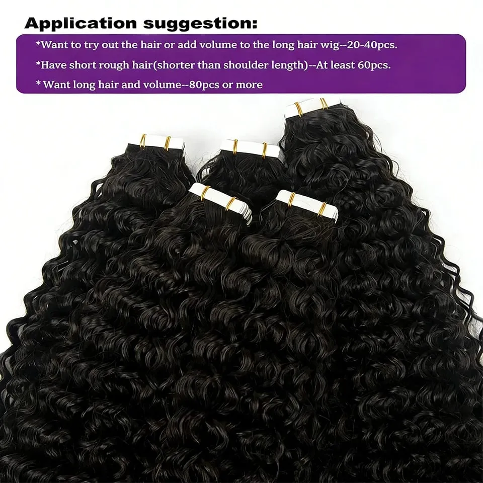 Curly Tape in Hair Extensions 100% Brazilian Human Hair Deep Wave Adhesive Tape in Extensions Human Hair Natural Black For Women