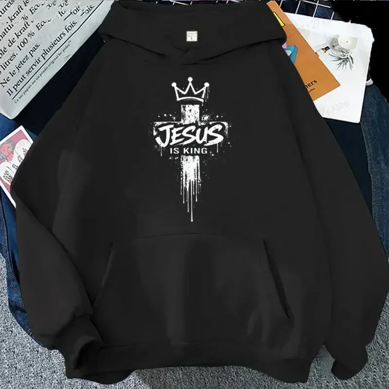 Jesus Is King Graphic Hoodies for Men Cross Crown Print Sweatshirts Christian Faith Casual Tracksuits Religious Street Tops Gift — image 5