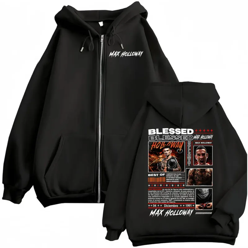 Max Holloway Blessed Retro Zip Up Hoodies Men's Harajuku Streetwear Sweatshirt Jacket Coats Bodywarmer Cozy Fleece Zipper Hoodie — image 1