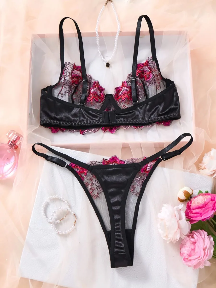 Women Black Floral Embroidery Lace Lingerie Set Push‑Up Bra & Thong Mesh Satin Intimate Underwear Daily Nightwear ZA825146 — image 2