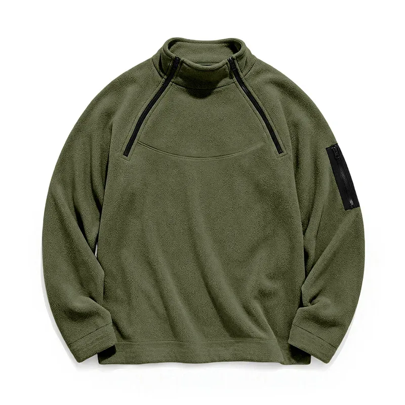 Men Fleece Stand Collar Sweatshirt Diagonal Zipper Arm Pocket Long Sleeve Loose Casual Pullover Autumn Winter Outdoor Tops — image 23