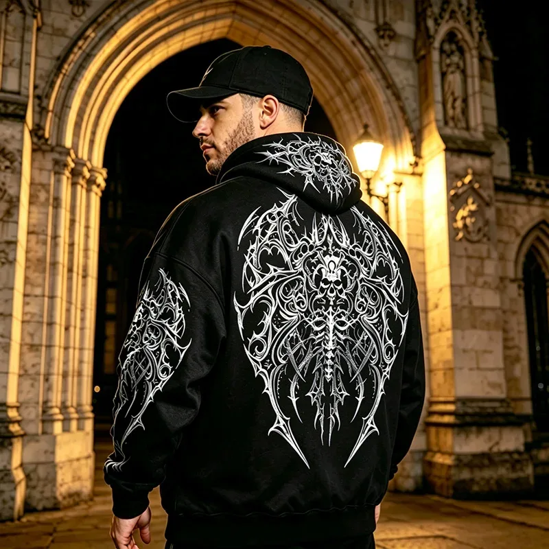 Men Alt Gothic Zip Up Hoodie Y2k High Street American Style Dark Thorn Print Fleece Lined Loose Biker Fall Winter Sweatshirt — image 4