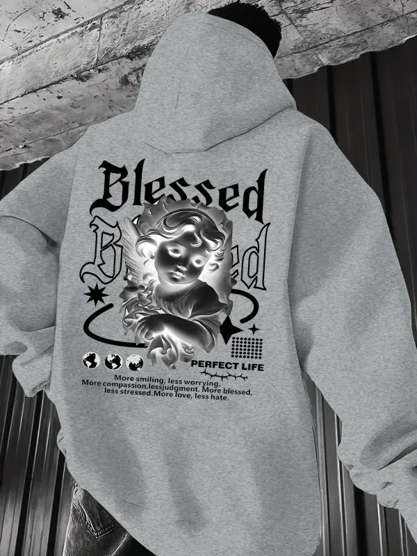 Men's Aesthetic Angel Hoodie Hip Hop Sports Streetwear Blessed Vintage Cherub Print Casual Loose Pullover Sweatshirt Tops — image 2