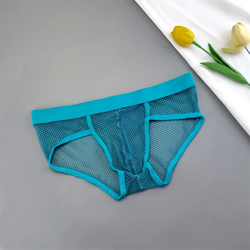 Cuecas masculinas de malha vazada com bolsa em U, cintura baixa, cuecas de biquíni transparentes, calcinhas respiráveis, tamanho grande