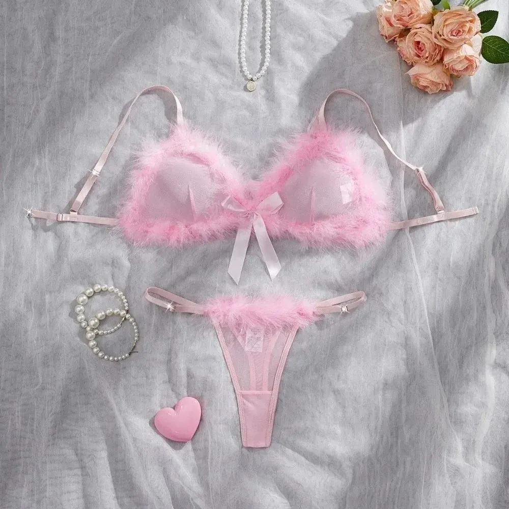Sweet Furry Women's Underwear Mesh Transparent Bow Decor Lingerie Set Wireless Romantic Intimate Bra Panties Suit Anniversary — image 5