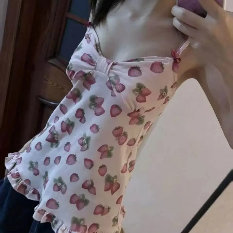 Cute Women Spaghetti Strap Tank Top Strawberry Pattern Bow Ornament Ruffle Hem Slim Sweet Cottagecore Daily Cami Top — image 2