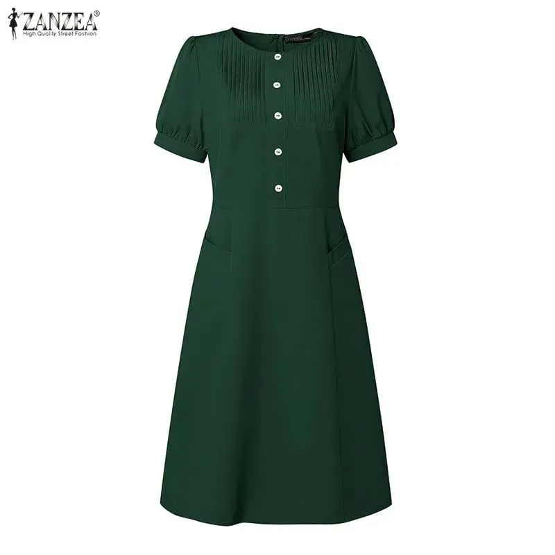 Summer Pleated Women Dress Fashion ZANZEA Solid Vestidos Short Sleeve Sundress OL Work Streetwear Party Knee Length Dresses — image 8