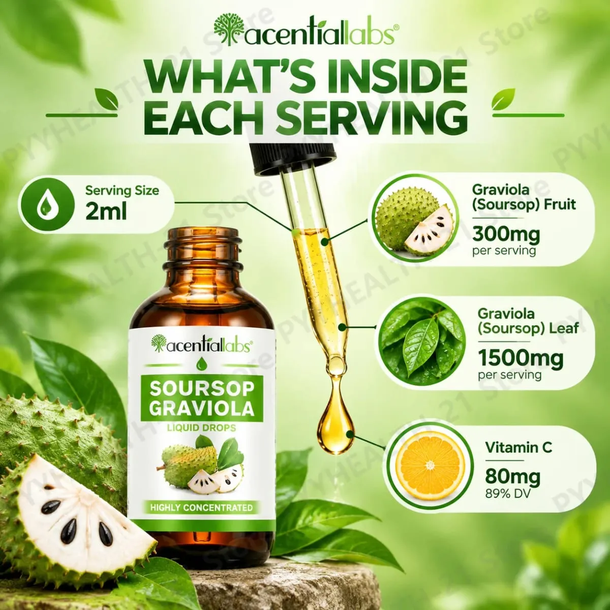 AcentiLabs Soursop Graviola Liquid Drops Vitamin C Supports Digestive Health Immune System Free Radical Defense 60ml for Adults — image 5