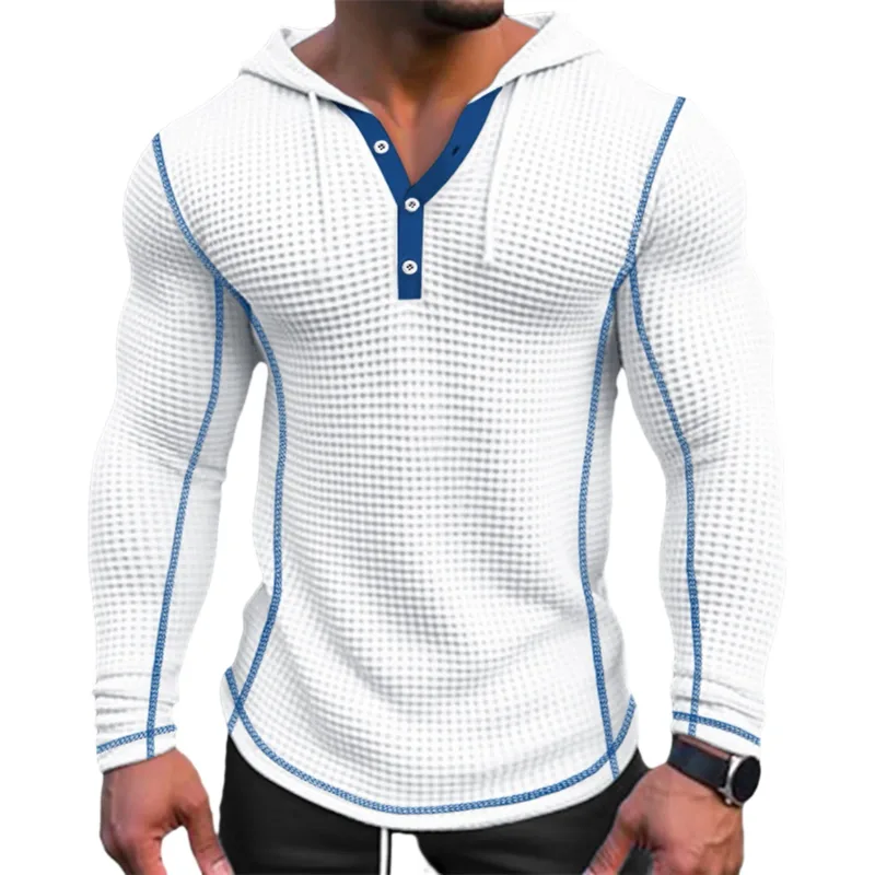 Warna Pepejal Musim Bunga Slim Fit Lengan Panjang T-shirt Lelaki Bertudung Bernafas Sukan Atasan Wafel Kapas Baju Lengan Panjang Kasual — image 11
