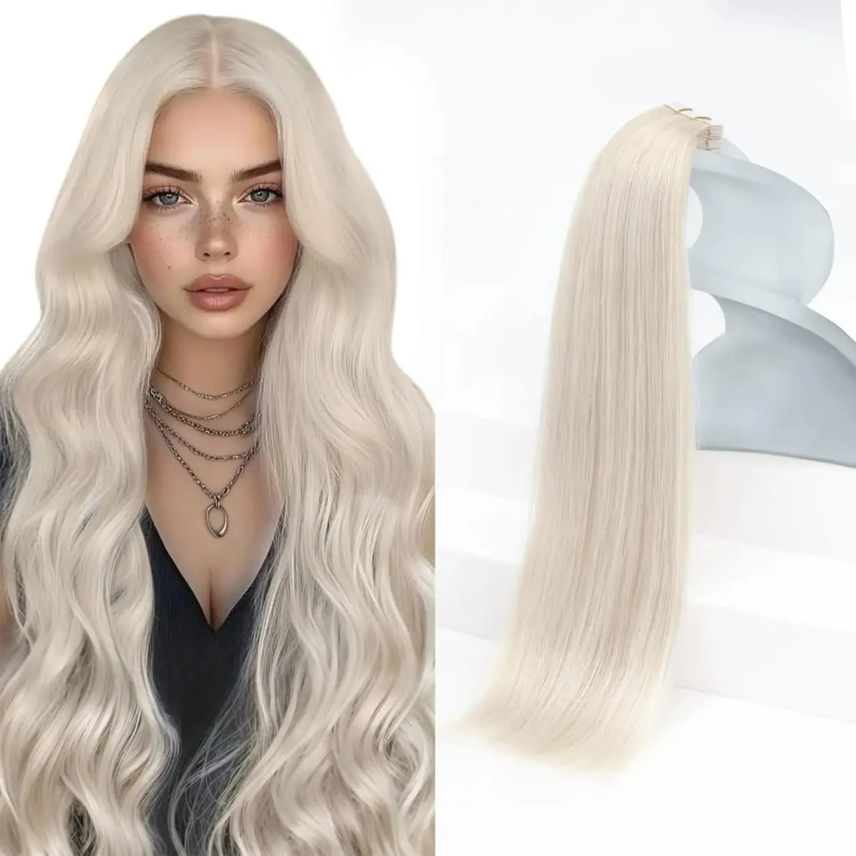 VeSunny Tape i hårförlängningar Riktigt människohår Osynligt Remy Hair Extensions Tape Ins för kvinnor Vit Platina Blond 26 Inch — image 2