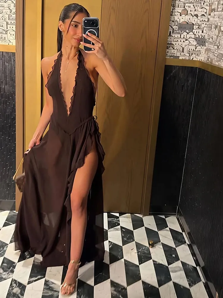 Mozision Halter Deep V Leher Gaun Maxi Seksi Tanpa Belakang Wanita Elegan Off-shoulder Tanpa Lengan High Split Party Club Dress Long Dress