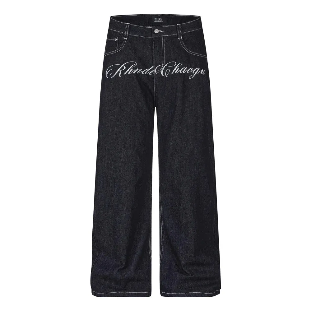Men's Jeans High Street Trendy Vibe Workwear Letter Floral Embroidery Unique Loose Wide-Leg Trousers 2026 Autumn 17559