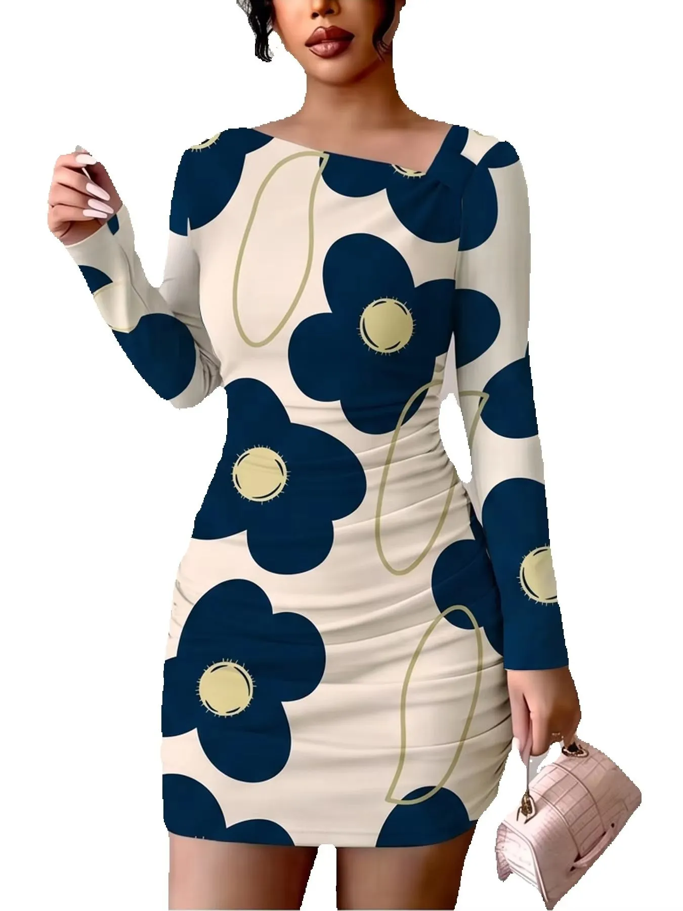 Women's Casual Comfortable Slanted Shoulder Collar Dress with Flower Print Long Sleeves Waist Bag Hip Mini Skirt Length — image 6