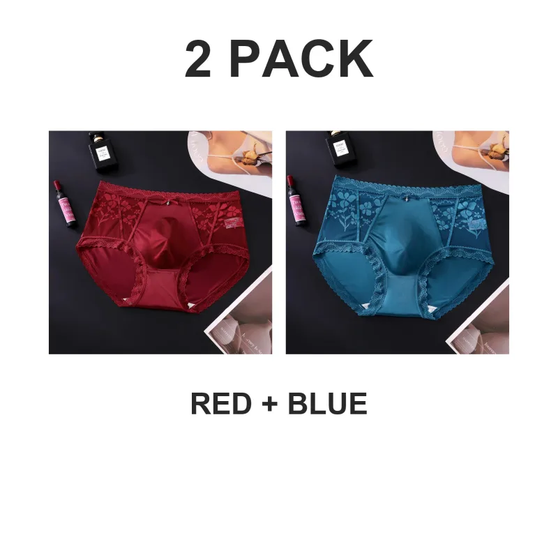 2 Pack Mens Mid Rise Satin Lace Briefs 3D Pouch Rhinestone Bow High Elastic Scalloped Trim Smooth — image 18