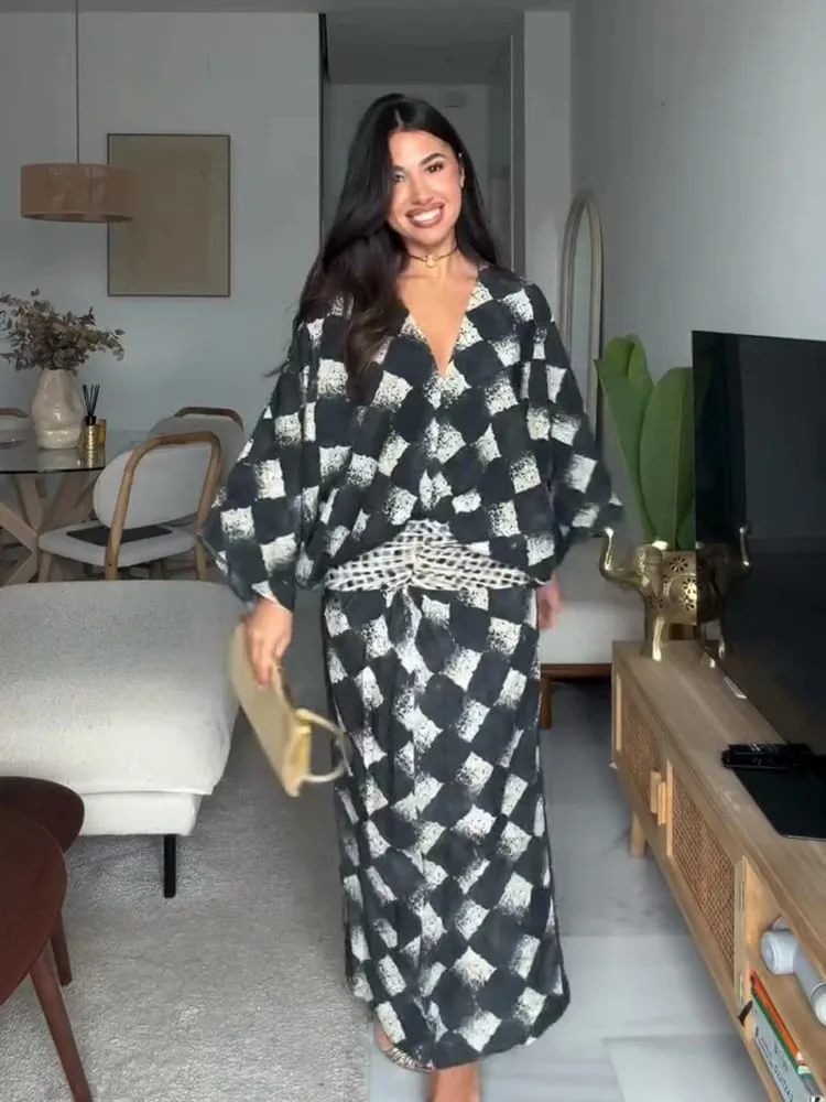 V คอหลวมเอว Cinched ชุดยาวผู้หญิงสีตัดกันแขนสั้น Maxi ชุดวันหยุดเก๋ผู้หญิงชุดใหม่ — image 3
