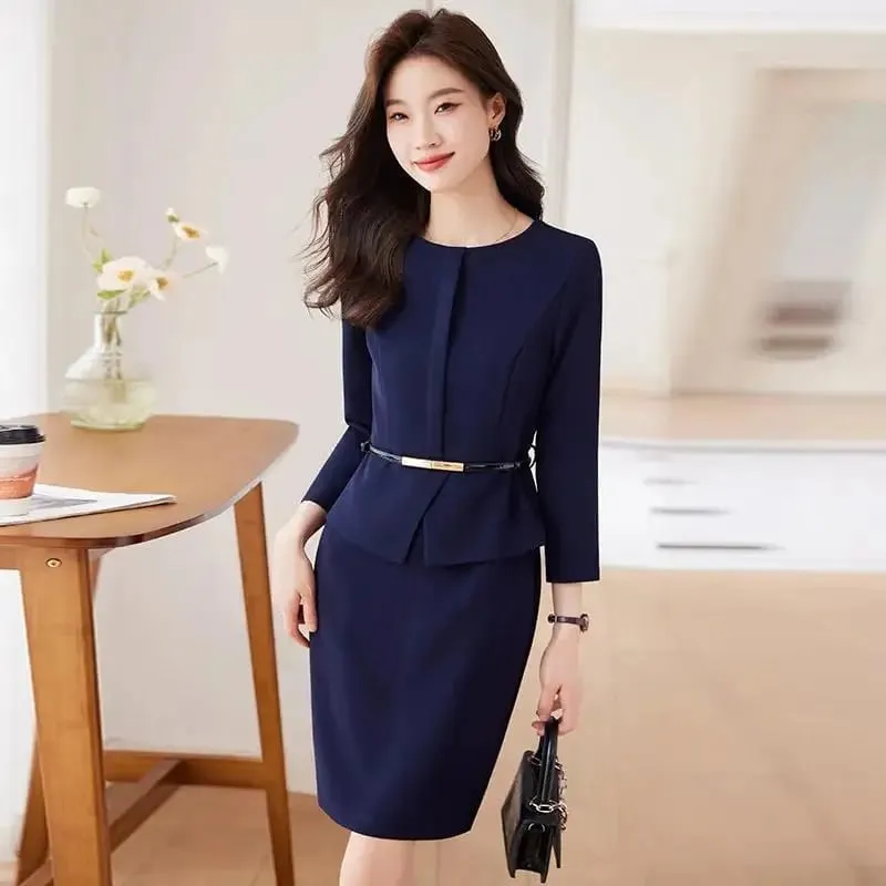 Elegant Spring Autumn Women Dress With Belt New Professional Navy Blue Formal Long Sleeve Slim Temperament Office Ladies Dresses — image 2