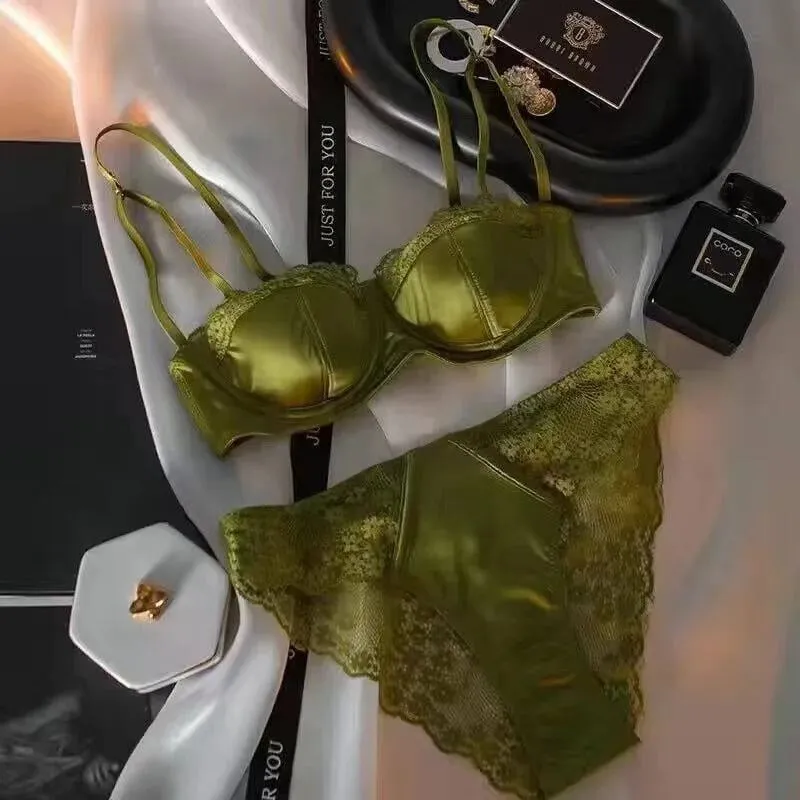 European Satin Half Cup Push Up BH Set Bügel Dünn Glatt Grün Spitze Komfortabel Sexy Dessous Für Damen 32-38 Hot Selling YEMOMO — image 8