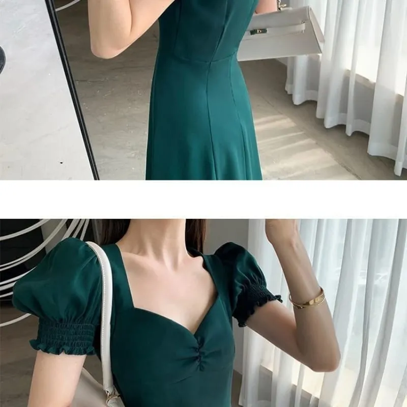 Pakaian Celah Elegan Lengan Pendek Puff Pepejal Fesyen Baru Pakaian Penuh Leher V Wanita Pinggang Tinggi Slim Pesta Malam Vestidos — image 6