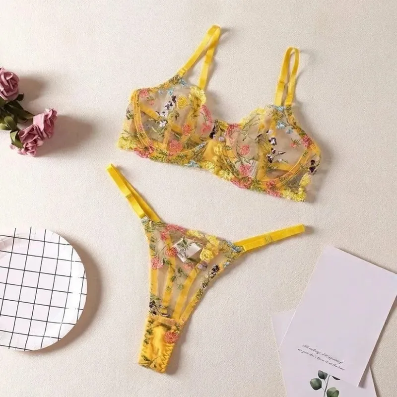 2-Piece Bohemia Floral Lingerie Set Embroidery Sheer Underwear Intimates Underwire Push-up Versatile Bra Panty Set For Lady Girl