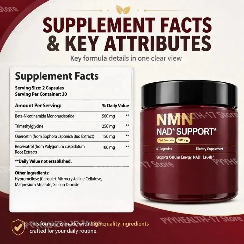 NMN NAD+ Support Supplement 1000mg with TMG & Quercetin for Cellular Energy Healthy Aging & Antioxidant Support 60 Capsules