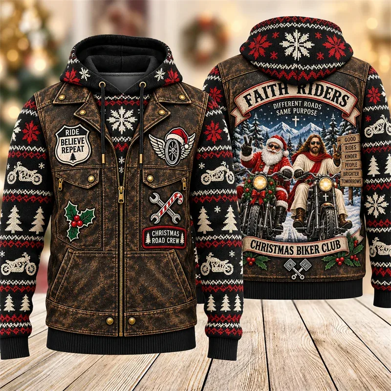 Christmas Biker Hoodie 3D Print Santa Reindeer Gingerbread Rider Faux Leather Vest Holiday Pullover Winter Streetwear Gift — image 4