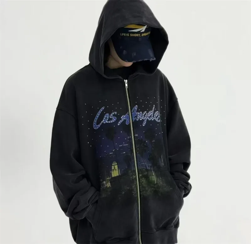 False Rhinestone Starry Sky Pattern Print Washed Zipper Loose Hoodie Street Casual Cotton Versatile Sports Trendy Sweatshirt