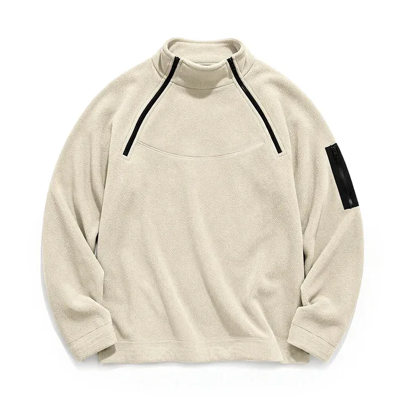 Men Fleece Stand Collar Sweatshirt Diagonal Zipper Arm Pocket Long Sleeve Loose Casual Pullover Autumn Winter Outdoor Tops — image 26
