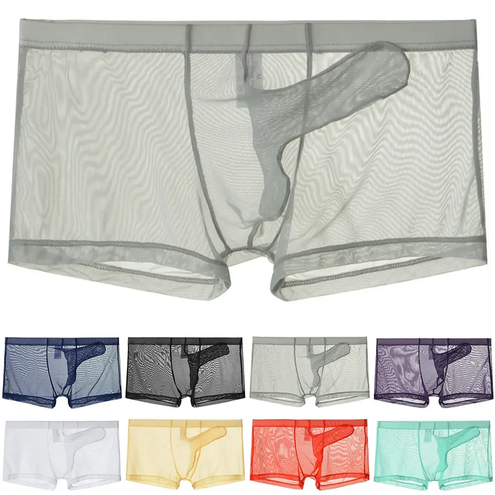 Sexy men malha transparente leve roupa interior ver através respirável boxer briefs calcinha separação bala masculino boxer calcinha — image 4