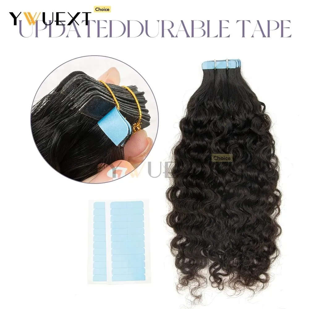 Water Wave Tape In Hair Extensions Human Hair Natural Black Color 1B# for Women 20pcs/pack Thick End Hair Extensions — image 5