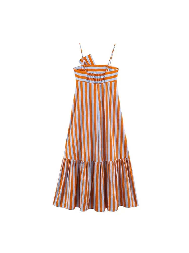 Fashion Women Stripes Print Sling Dress na walang manggas na Bow Front Loose Fit Backless Long Dresses Chic Lady Holiday Robe — image 3