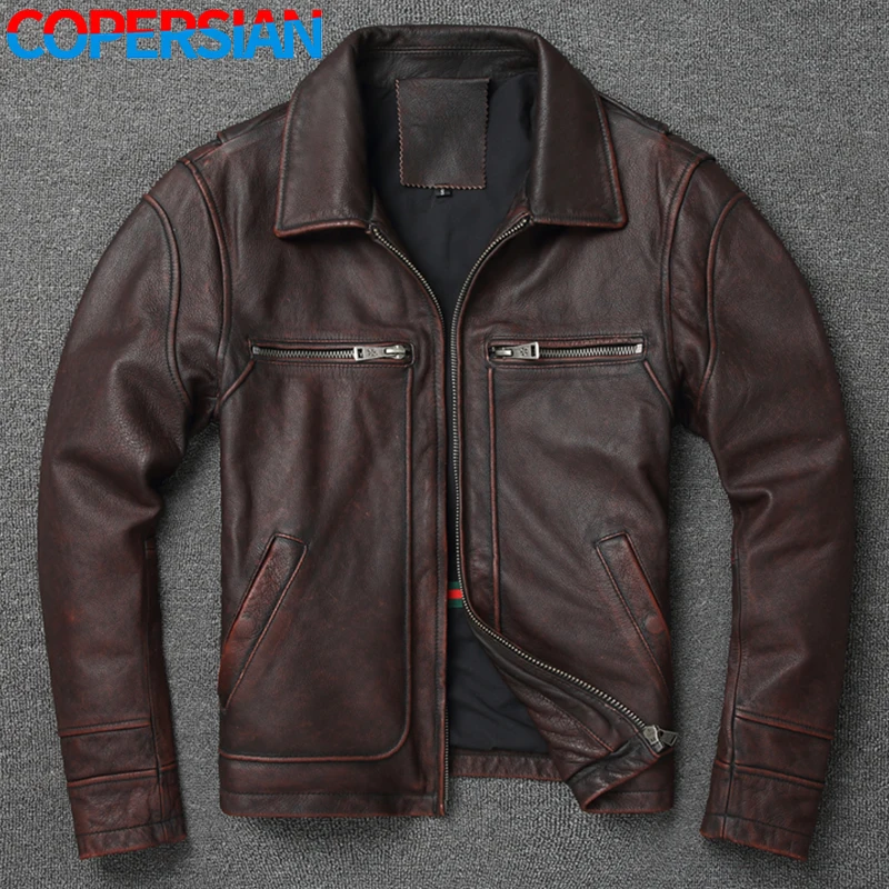 2022 Retro Style 100% Top Layer Cowhide Oversized Leather Jacket Color is made of Old Motorcycle Riding Clothes. — image 1