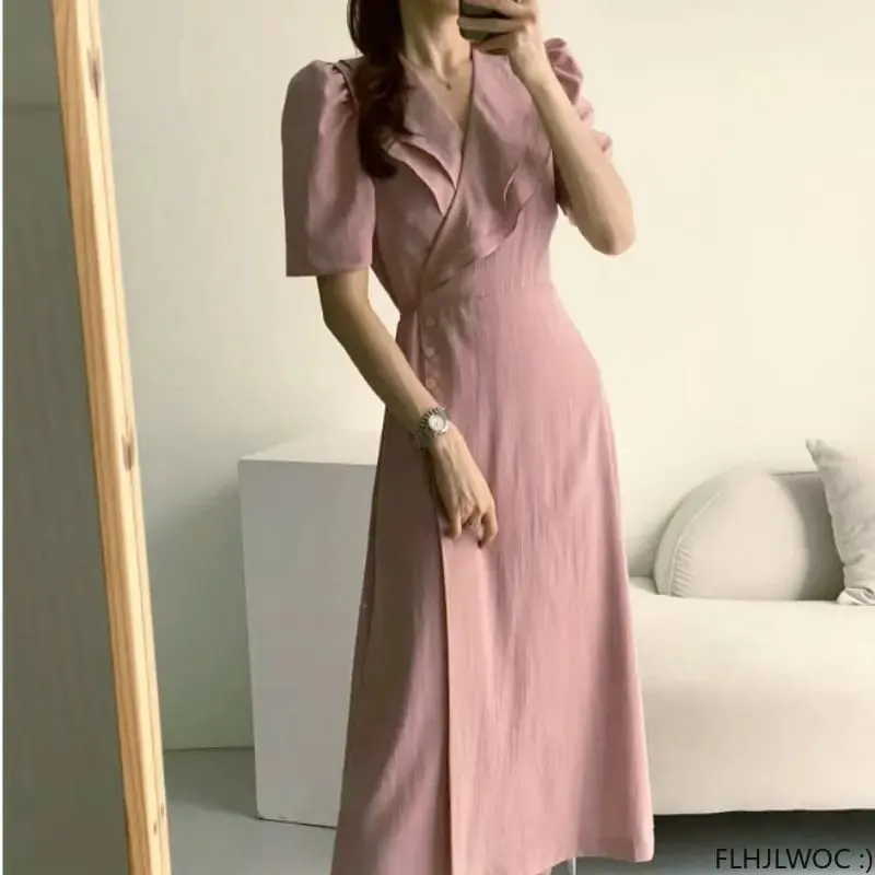 Südkorea Chic Midi Kleid Frauen Sommer Japan Stil Retro Vintage Design Rüschen Rosa Einteiliges Spitze-Up Kleid FLHJLWOC Vestidos — image 2