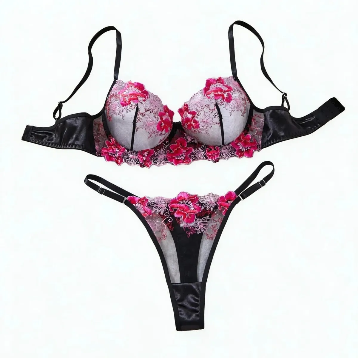 Women Black Floral Embroidery Lace Lingerie Set Push‑Up Bra & Thong Mesh Satin Intimate Underwear Daily Nightwear ZA825146 — image 1