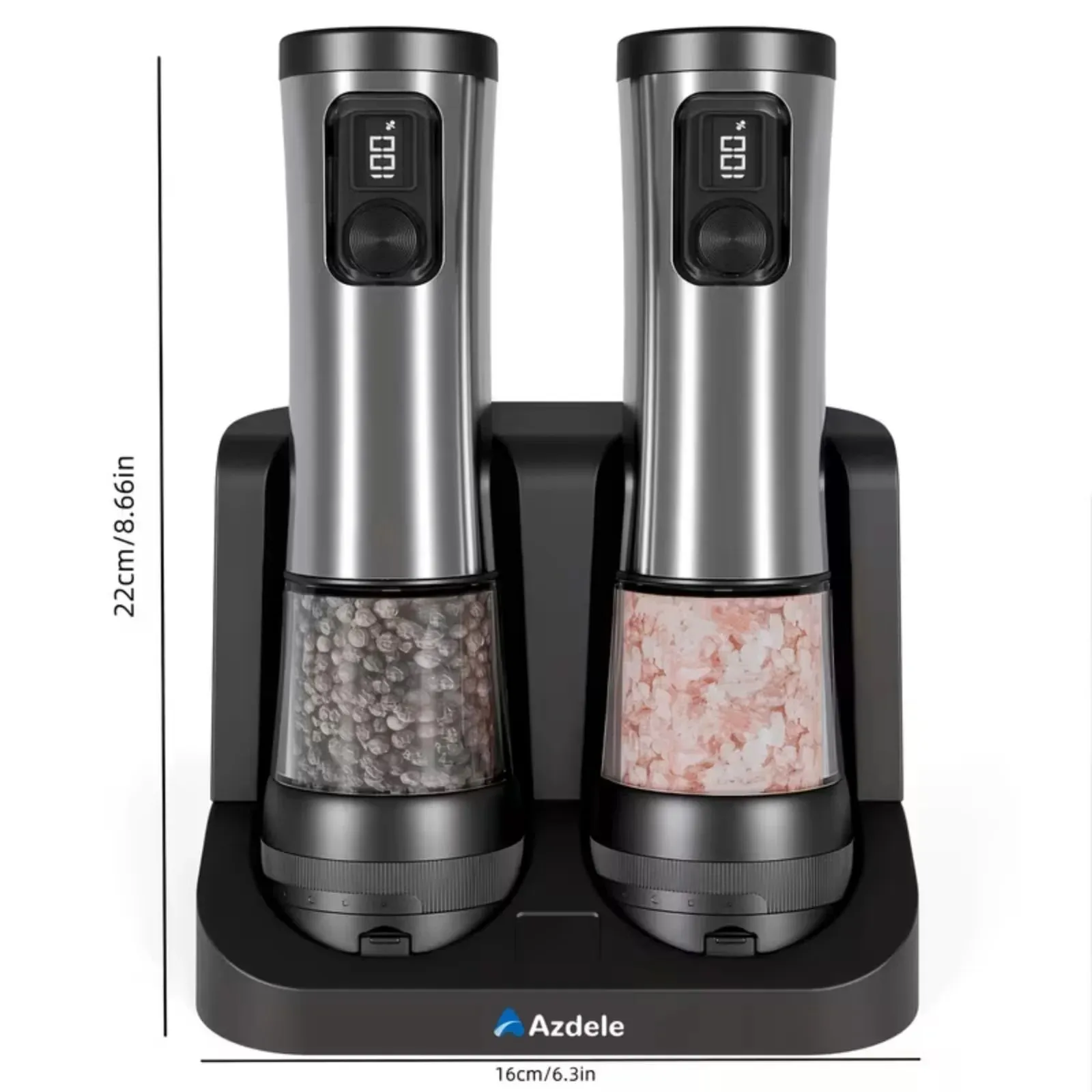 Electric Salt And Pepper Grinder Set Dual-Speed Adjustment Stainless Steel Rechargeable Automatic Pepper Grinder Jar With USB Charging Base Large 3.38 Ounce Capacity External Adjustable Coarseness LED Light.