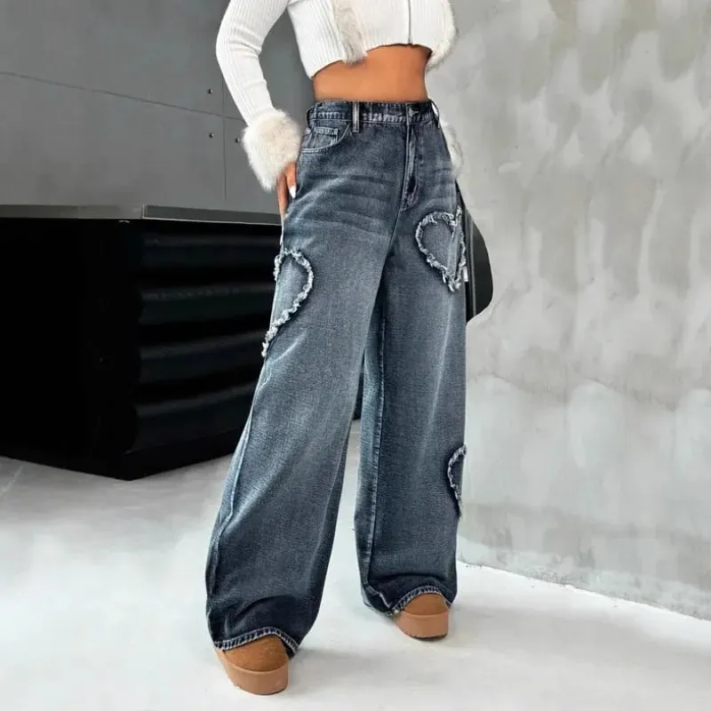 American Retro Frayed Edge Patchwork Heavy Washed Denim Jeans Unisex Street Loose Straight Wide-Leg Trousers 21095 — image 5