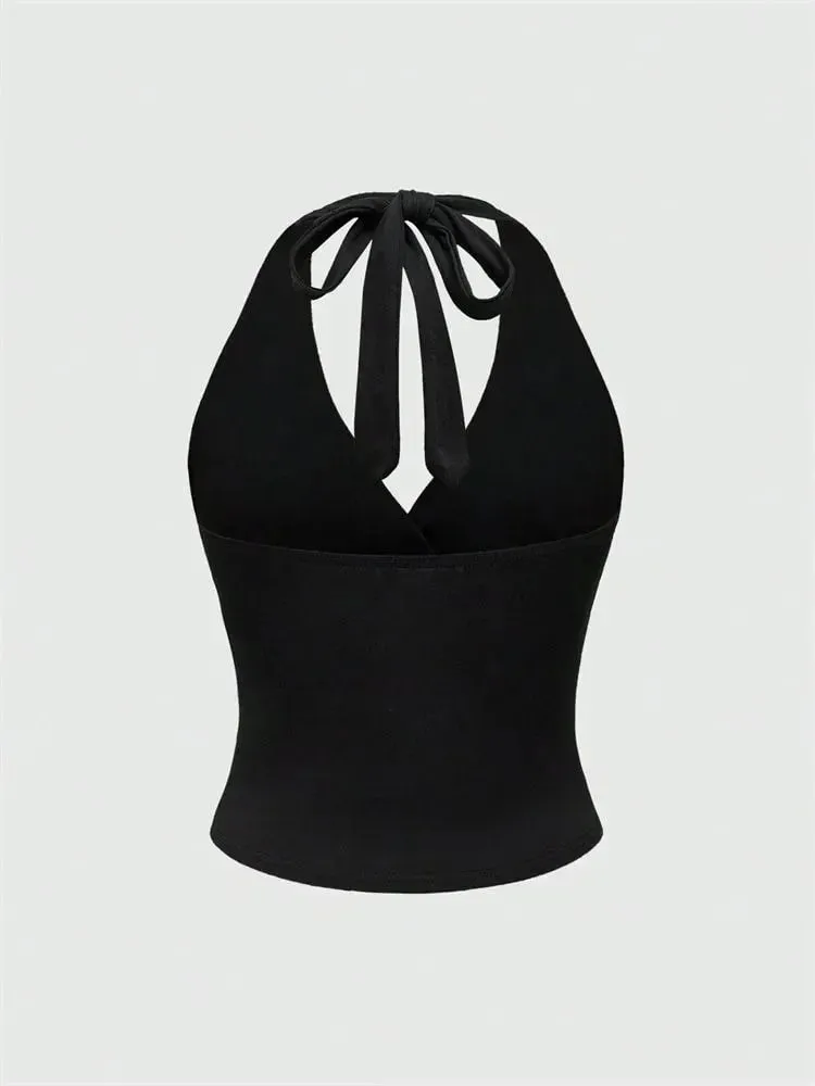 Áo crop top hở lưng cổ chữ V chắc chắn cho nữ mùa hè gợi cảm Y2K không tay xếp nếp hàng đầu dạo phố