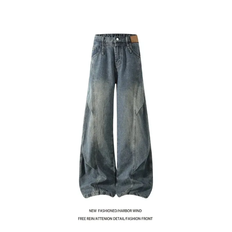 Men 2026 American Style Wide Leg Scimitar Jeans Contrast Stitch Spliced Pleated Design Loose Casual Long Denim Pants For Male