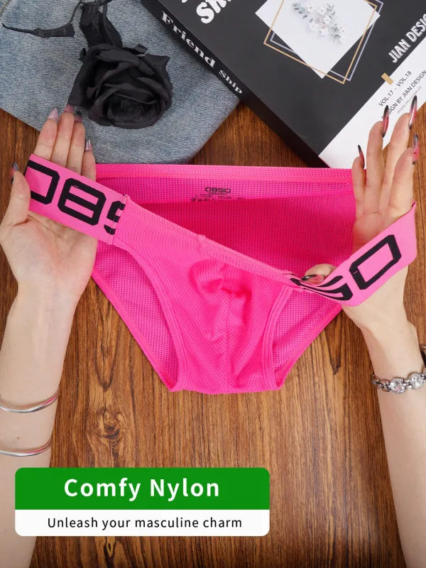Panlalaking Nylon Blend Mesh Breathable Briefs Horn Splice Letter Embossed Malapad na Elastic Waistband Kulay Fluorescent Sexy Underwear
