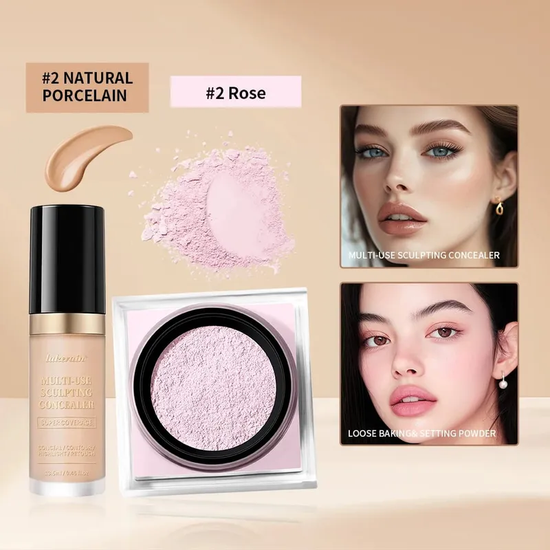 2ks sada na make-up na obličej s korektorem a sypkým pudrem na obličej s hladkým matným povrchem pro ženy, korejský make-up — image 8
