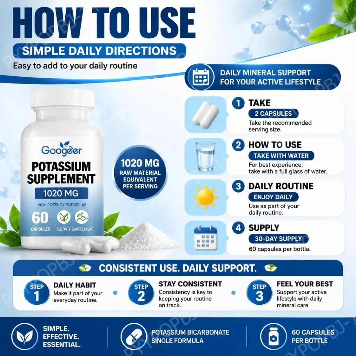 Googeer Potassium Supplement Capsules for Daily Mineral Gap Support 1020 Mg Equivalent Steady Potassium Level 60 Capsules — image 7