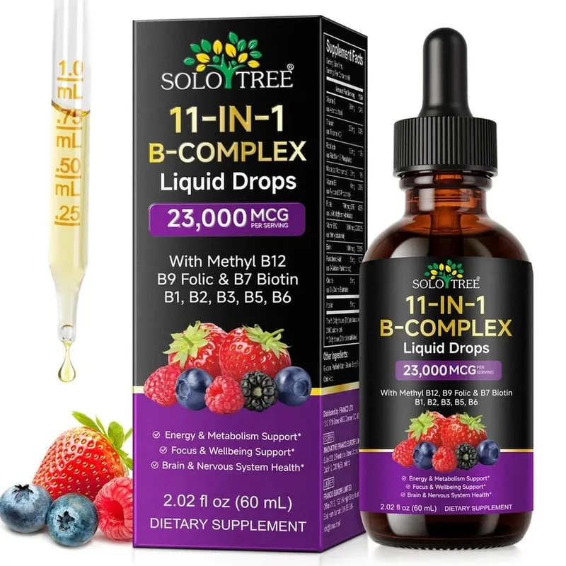B-Complex Liquid Drops 11 em 1 Metil B12 Folato Biotina para foco energético e fórmula de suporte nervoso cerebral adulto 60ml — image 8
