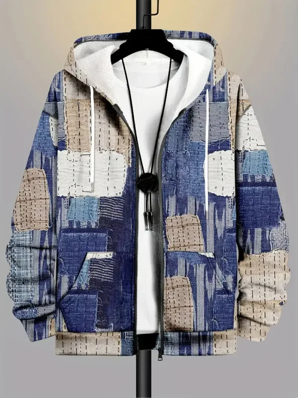 레트로 격자 무늬 인쇄 패치 워크 지퍼 업 까마귀 남성 의류 핫 스타일 긴 소매 풀오버 트렌드 streetwear 남자 지퍼 업 후드