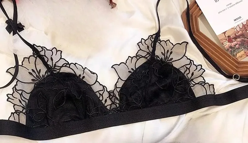 French Embroidery Lace Bralette Wireless Triangle Cup Bra for Women Elegant Underwear Set Thin Straps Small Chest Cover MOYISU