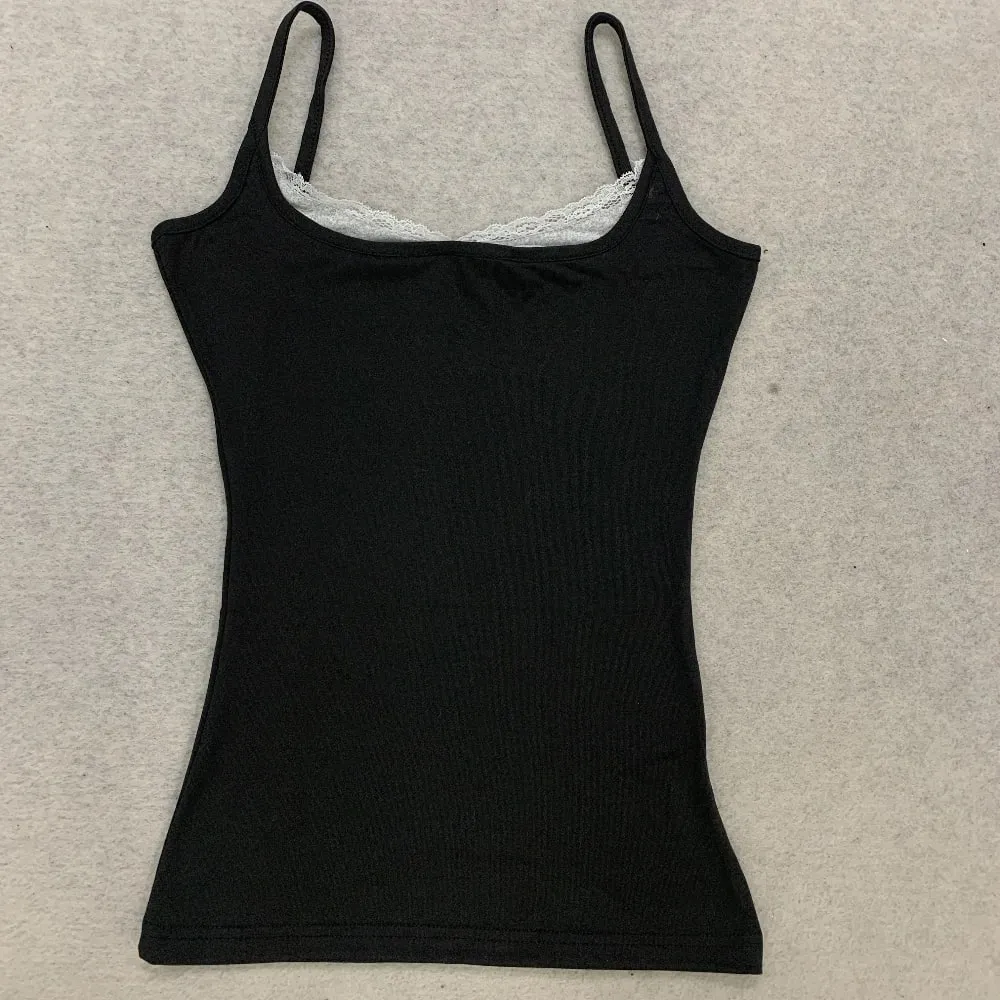Y2K Hot Girl Solid Color Tank Top with Thin Shoulder Straps Side Lace Splicing Slim Fit Sleeveless Casual Street Strap Top — image 5